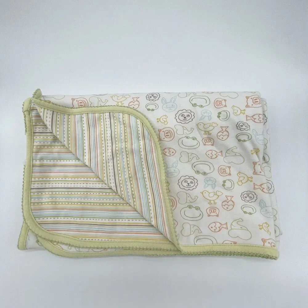 Nordstrom Layette Green Animal Striped Unisex Baby Blanket Lions Pigs Frogs Fish